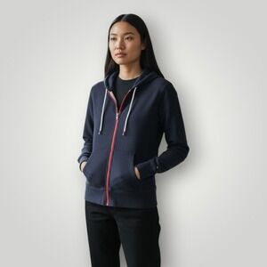 TOMMY Hilfiger Top Womens M Navy‎ Full Zip Hoodie Elbrow Patch Sweater